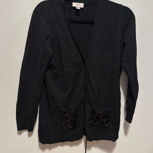 Ann Taylor LOFT sequin pocket cardigan long sleeve large petite black 100% cotto